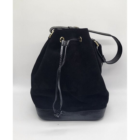 ISADORA Suede Leather Bucket Pouch Purse Shoulder Bag Black Drawstring Italy - Picture 2 of 14